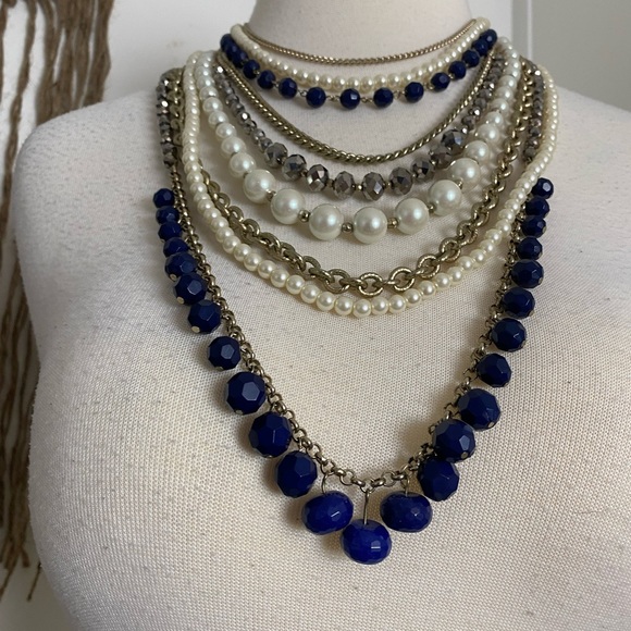 Offer?  AnnTaylor modern glamorous multi strand necklace chain pearl bold blue - Picture 4 of 10